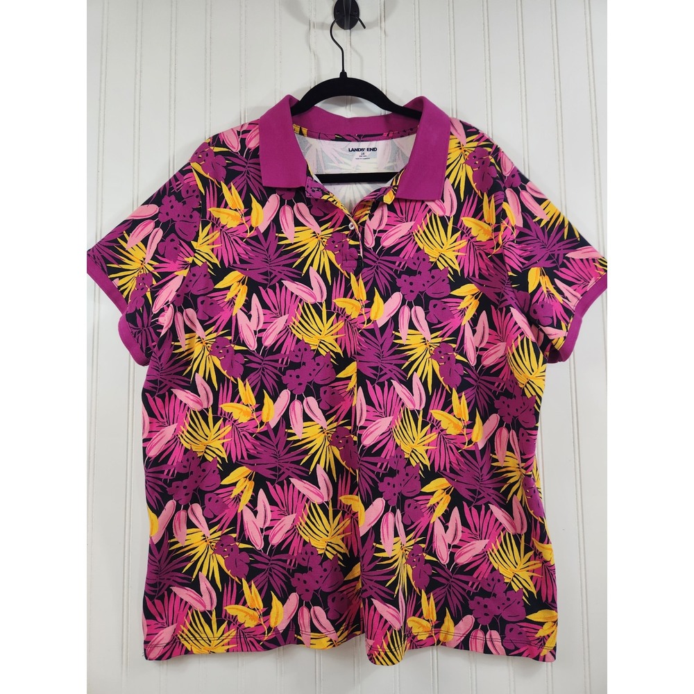 Lands End Womens 2X Tropical Palm Print Polo Shirt Magenta Pink Short Sleeve